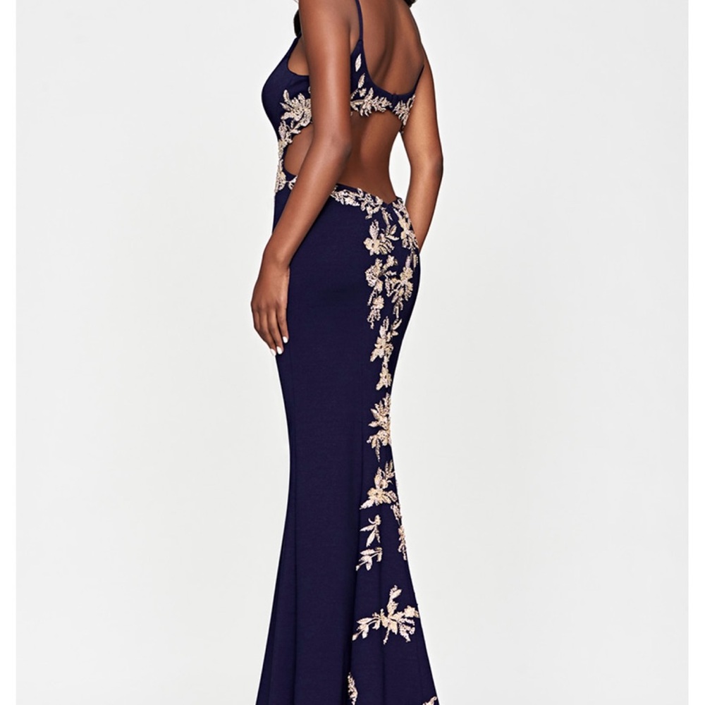 Faviana Navy Backless Dress with Gold Detailing